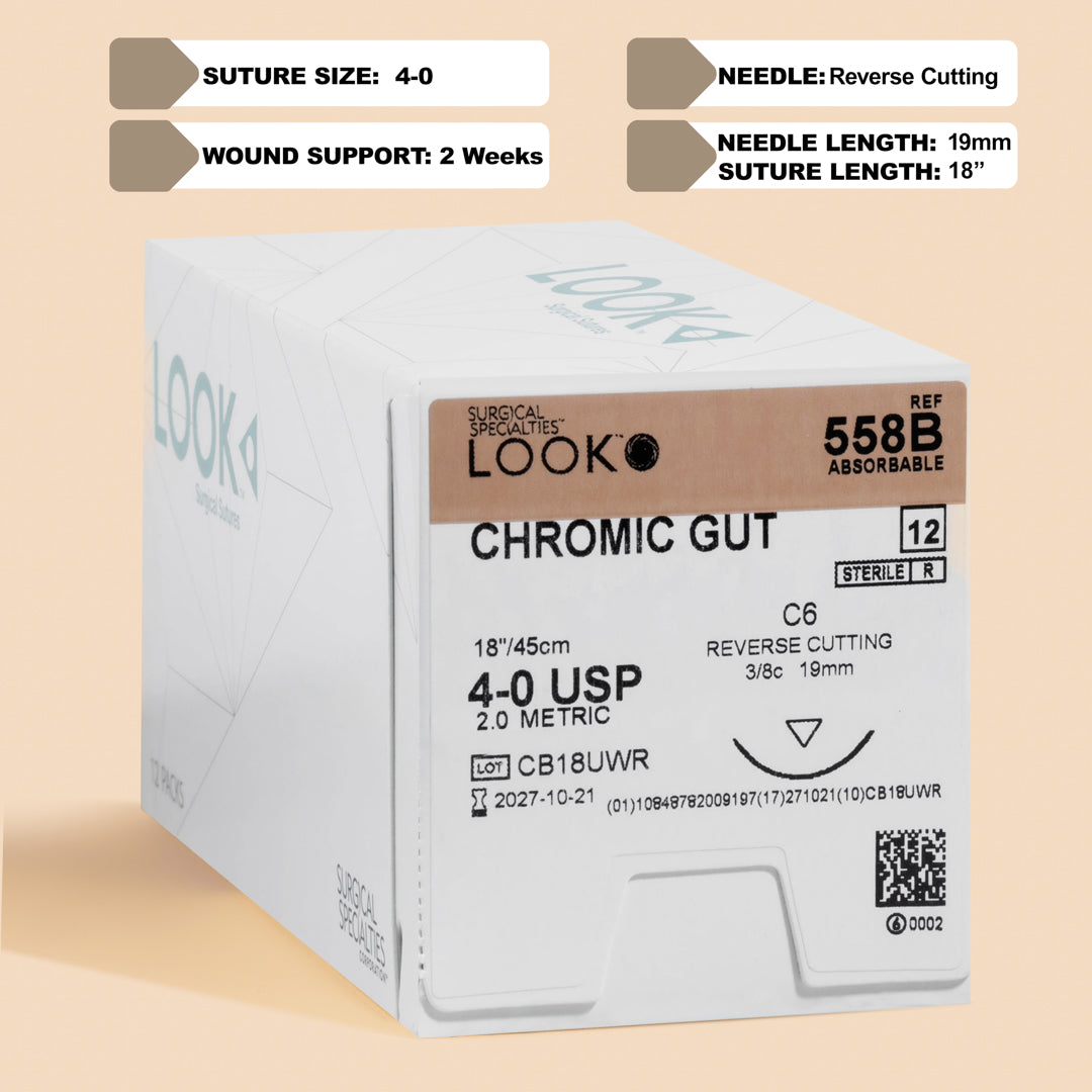 Product Specifications:  Suture Type: Absorbable Suture Material: Chromic Gut Suture Size: 4-0 (metric size 2.0) Suture Length: 18 inches (45 cm) Needle Type: C-6, reverse cutting Needle Length: 19 mm Quantity per Box: 12 sutures Wound Support: 2 Weeks Color: Brown (due to chromic processing)