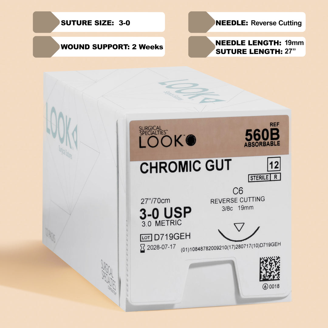 Box of 3-0 Chromic Gut sutures with a C-6 reverse cutting needle, model 560B, emphasizing the 2-week wound support duration and featuring a QR code for easy reference. The packaging highlights its sterility and absorbable nature tailored for effective wound management.