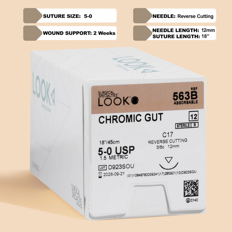 Fil de suture Chromic Gut 5-0, aiguille C-17 de 18 po | 563B