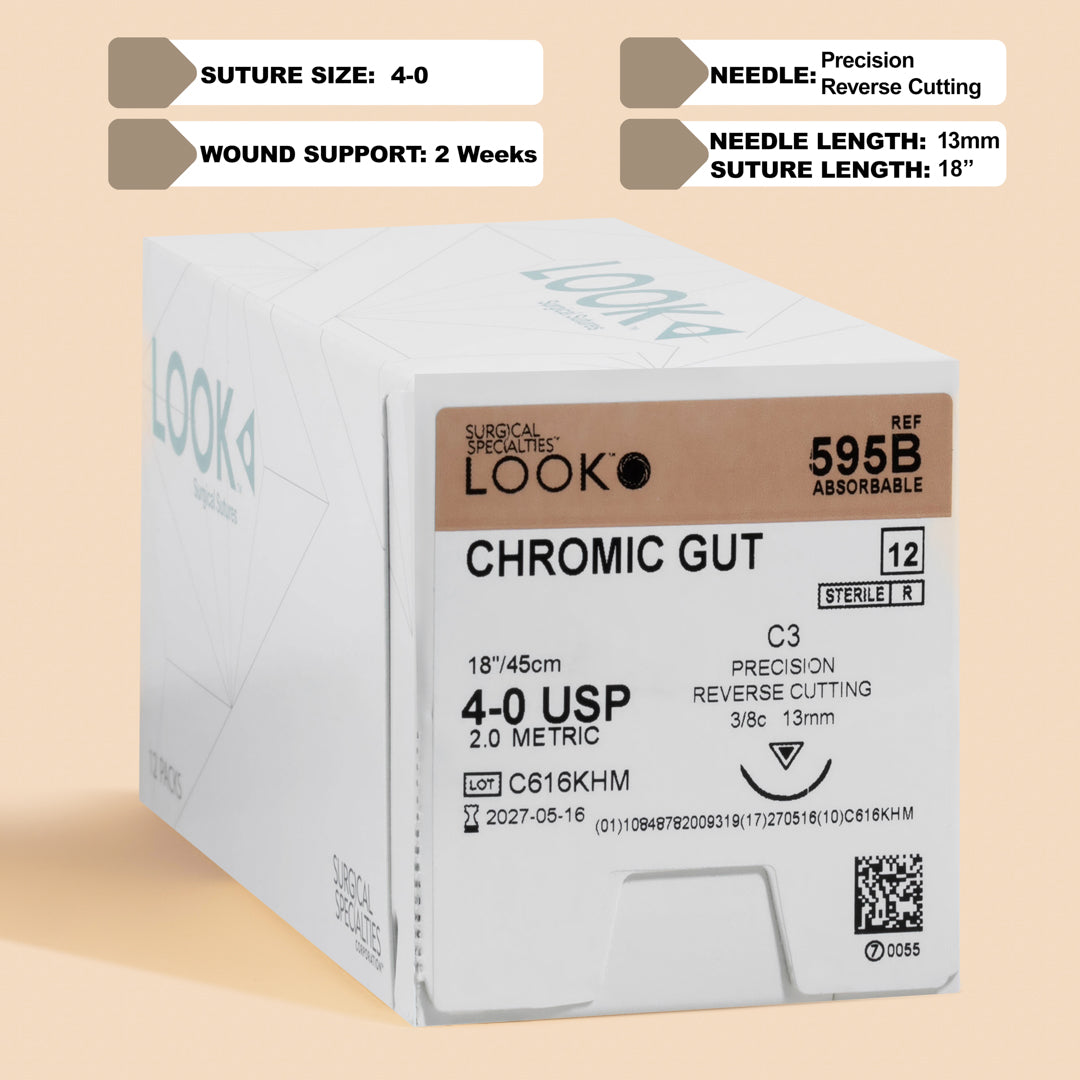 Box of 4-0 Chromic Gut sutures with a C-3 precision reverse cutting needle, model 595B, emphasizing the 2-week wound support duration and featuring a QR code for easy reference. The packaging highlights its sterility and absorbable nature tailored for effective wound management.