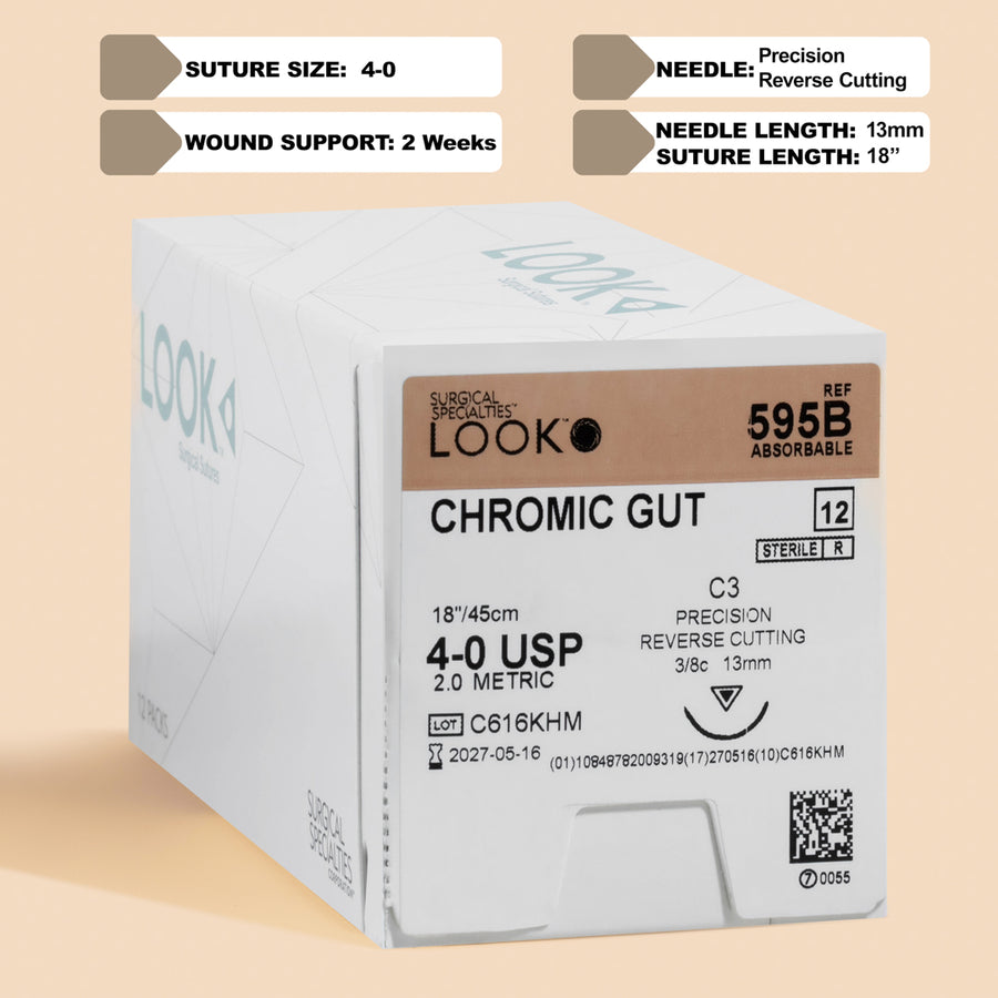 Fil de suture chirurgicale en catgut chromé 4-0, aiguille C-3 de 45 cm | 595B