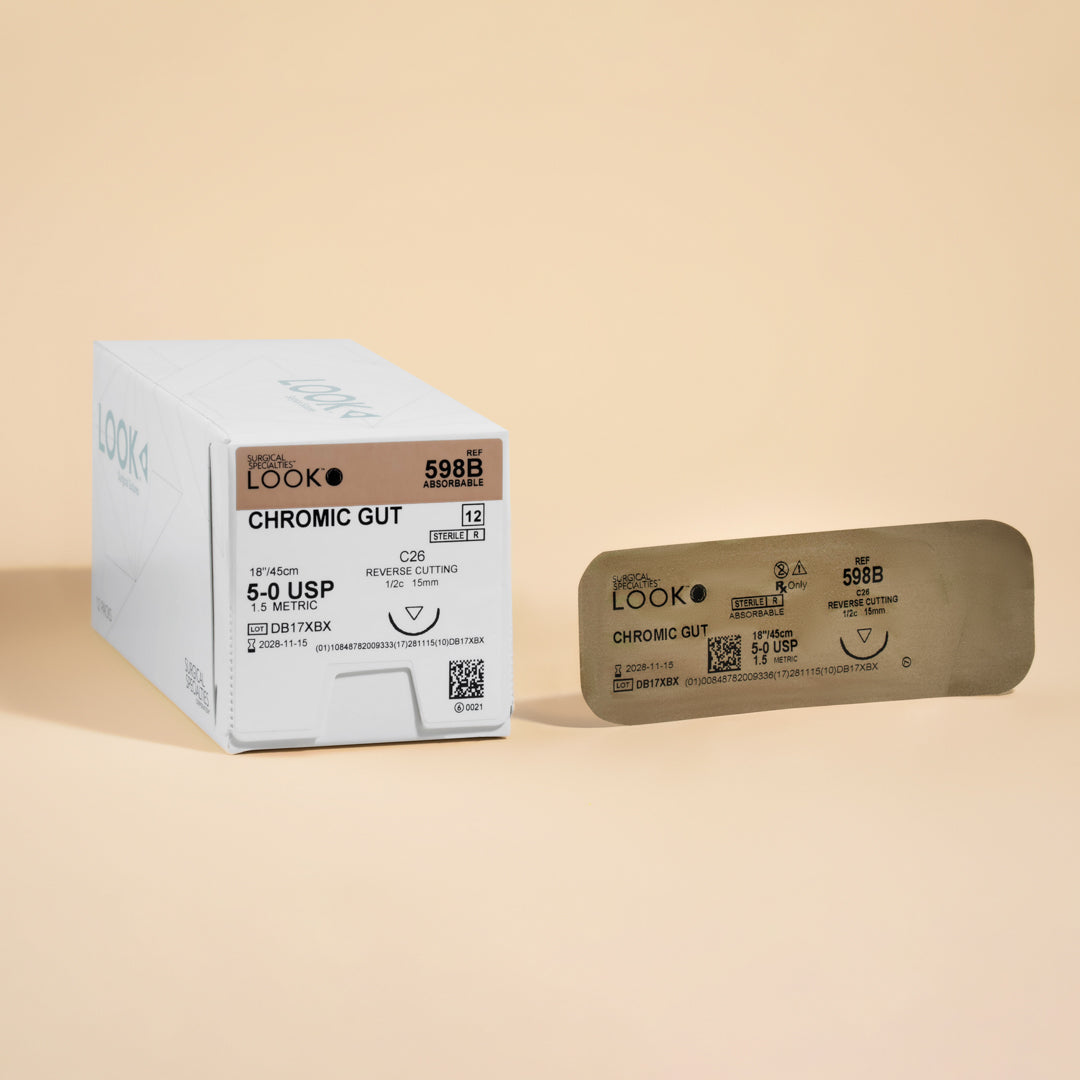 Box of 5-0 Chromic Gut sutures with a C-26 reverse cutting needle, reference 598B, highlighting 2-week wound support. The packaging is sterile, indicating the product’s readiness for medical procedures, with a QR code for product traceability.