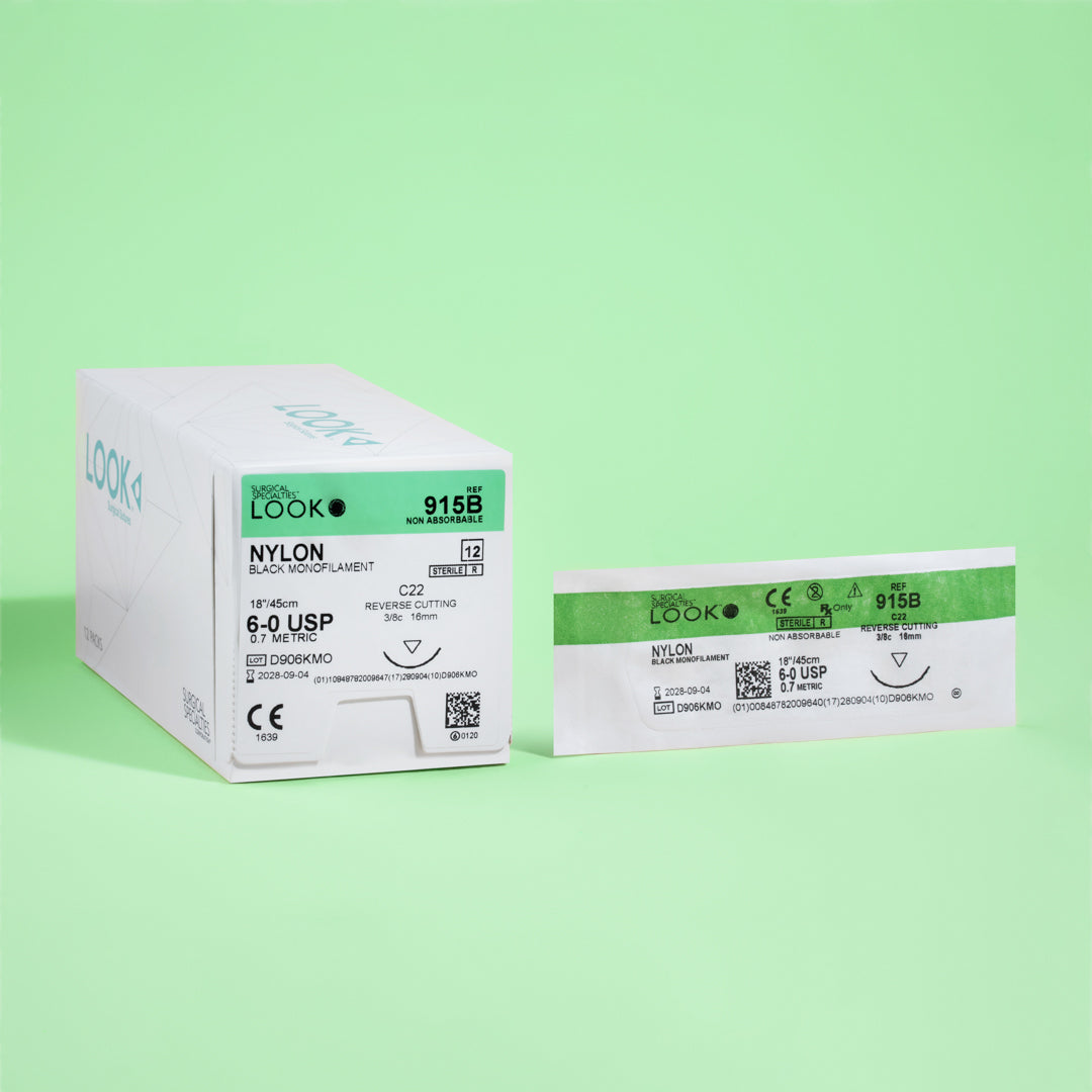 Box of LOOK™ 6-0 Nylon Black sutures featuring a C22 reverse cutting needle, product number 915B, highlights its non-absorbable nature and is designed for long-term wound support. The packaging includes a QR code for easy product identification and emphasizes the suture's durability and smooth passage through tissue.