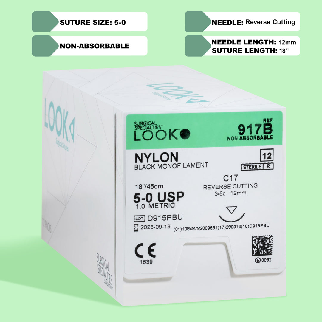 Box of 5-0 Nylon Black sutures with a C-17 reverse cutting needle, model 917B, indicates non-absorbable suture material designed for long-term tissue approximation. The packaging includes a QR code for straightforward product identification and emphasizes the high tensile strength and durability of the sutures.