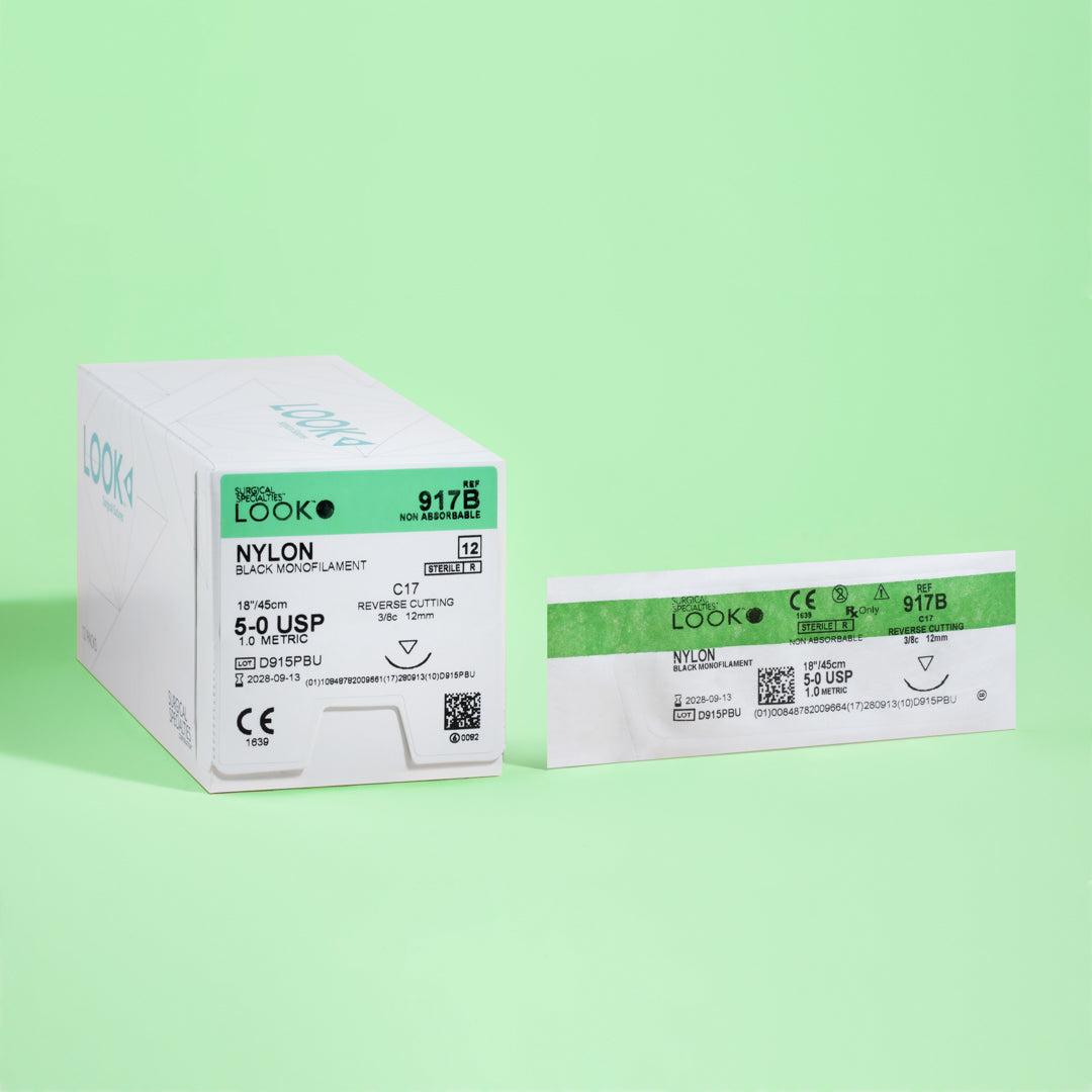Box of 5-0 Nylon Black sutures with a C-17 reverse cutting needle, model 917B, indicates non-absorbable suture material designed for long-term tissue approximation. The packaging includes a QR code for straightforward product identification and emphasizes the high tensile strength and durability of the sutures.