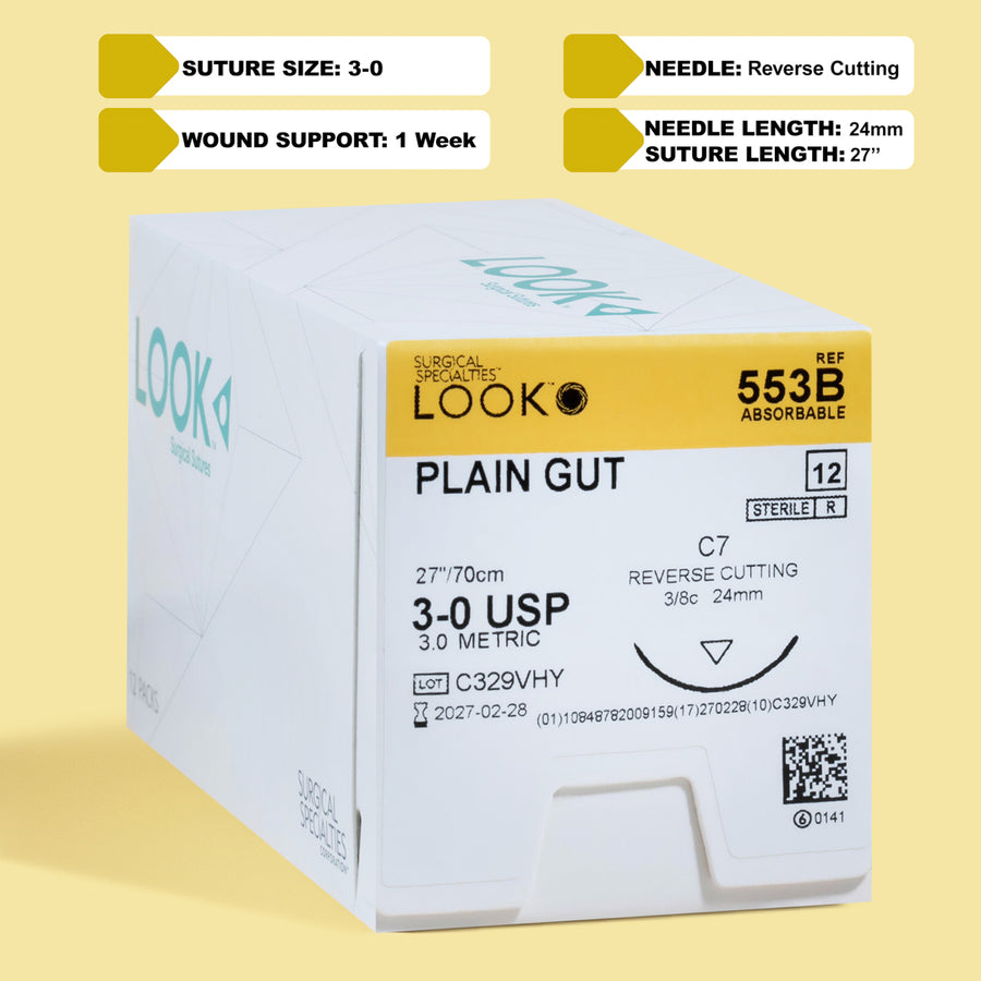 Fil de suture en catgut simple 3-0, aiguille C-7 de 68,5 cm | 553B