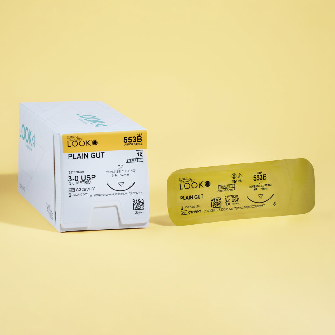 Box of 3-0 Plain Gut sutures with a C-7 reverse cutting needle, model 553B, highlighting the 1-week wound support and including a QR code for straightforward reference. The packaging emphasizes its sterile and absorbable properties for efficient wound care.
