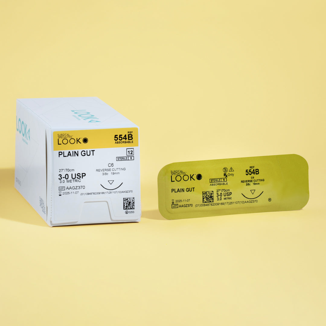 Box of 3-0 Plain Gut sutures with a C6 reverse cutting needle, model 554B, highlighting the 1-week wound support and including a QR code for straightforward reference. The packaging emphasizes its sterile and absorbable properties for efficient wound care.