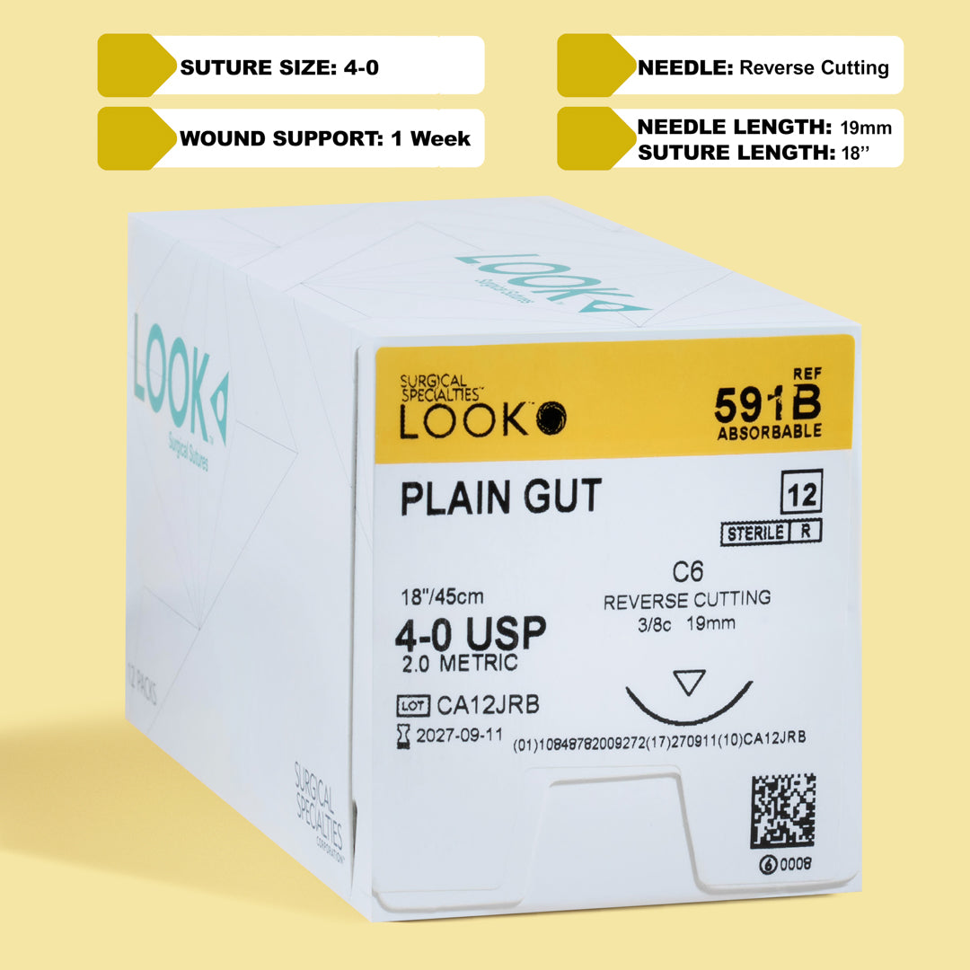 Box of 4-0 Plain Gut sutures with a C6 reverse cutting needle, reference number 591B, emphasizing the 1-week wound support with a QR code for easy access to information. The packaging confirms its sterile condition and the suture's quick absorption profile for effective wound care.