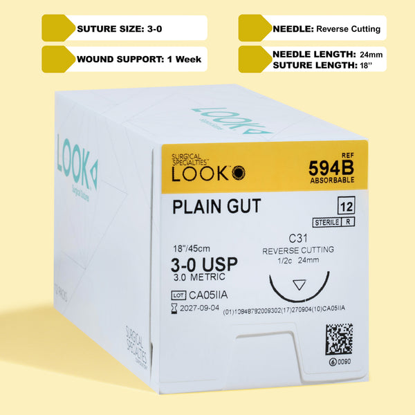 Box of 3-0 Plain Gut sutures with a C-31 reverse cutting needle, model 594B, emphasizing the 1-week wound support and featuring a QR code for efficient product verification. The package conveys the essential information about sterility and usage for successful surgical outcomes.