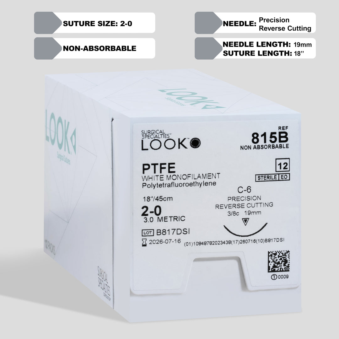 Image showcasing a box of 2-0 PTFE white monofilament sutures with a 18-inch C-6 precision reverse cutting needle, identified with the product number 815B. The package underlines the suture's non-absorbable feature, sterility assured by EO sterilization, and includes a QR code for streamlined access to product details.