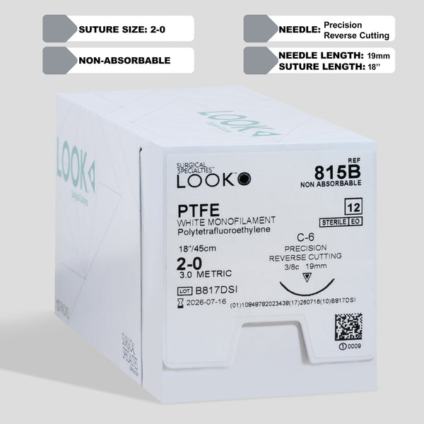 Image showcasing a box of 2-0 PTFE white monofilament sutures with a 18-inch C-6 precision reverse cutting needle, identified with the product number 815B. The package underlines the suture's non-absorbable feature, sterility assured by EO sterilization, and includes a QR code for streamlined access to product details.