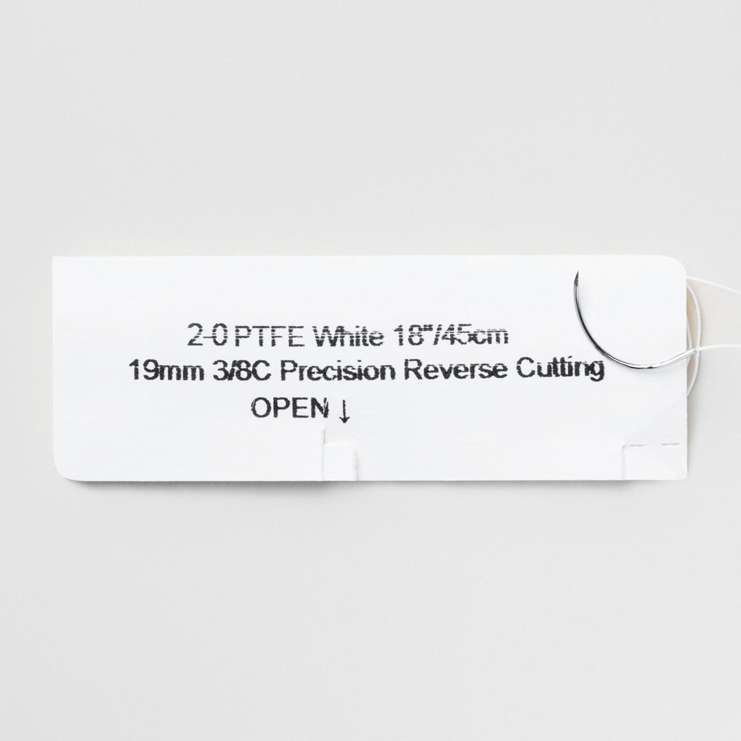 Image showcasing a box of 2-0 PTFE white monofilament sutures with a 18-inch C-6 precision reverse cutting needle, identified with the product number 815B. The package underlines the suture's non-absorbable feature, sterility assured by EO sterilization, and includes a QR code for streamlined access to product details.