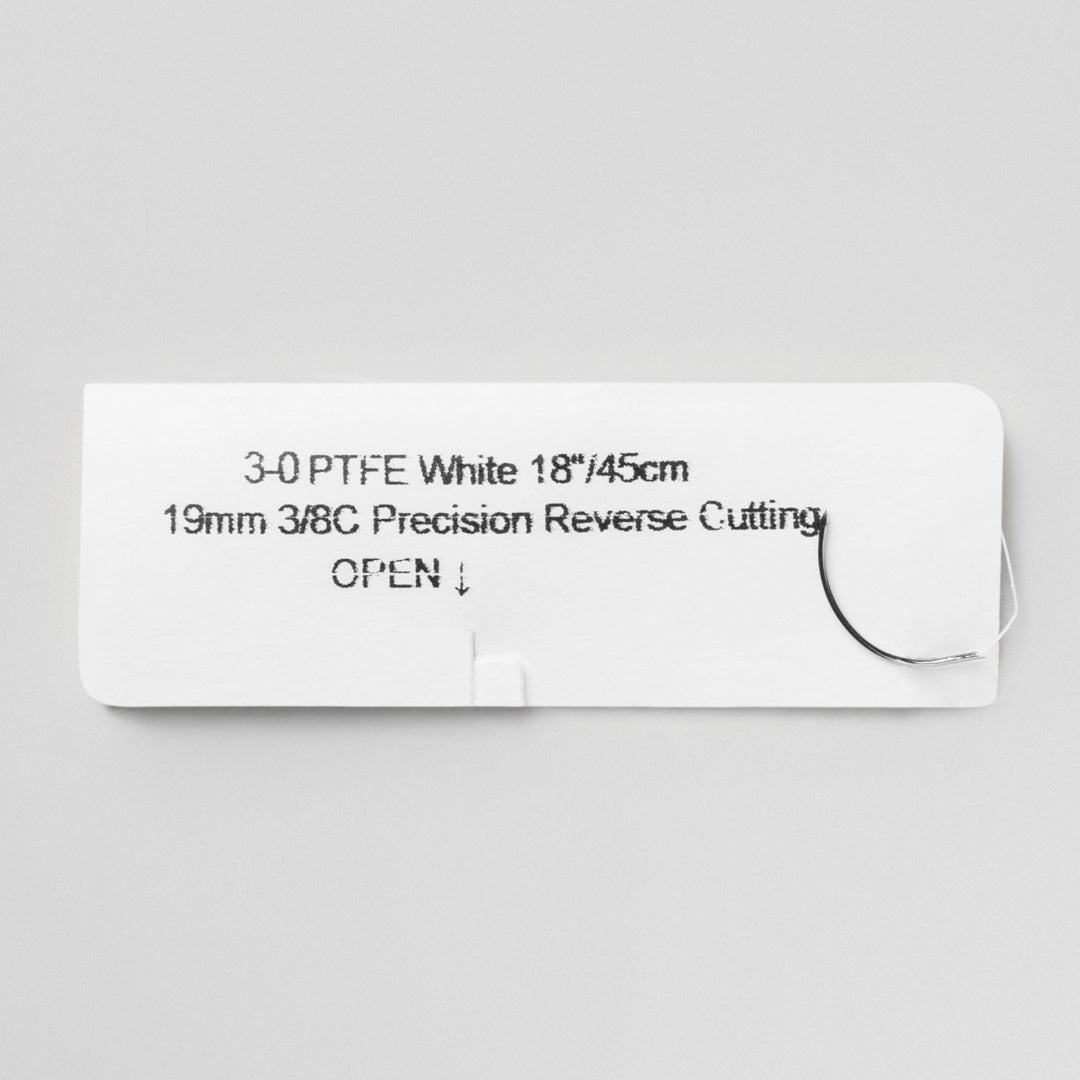 Box of 3-0 PTFE white monofilament sutures with an 18-inch C-6 precision reverse cutting needle. The product, identified as 816B, is highlighted for its non-absorbable nature, sterility ensured through EO sterilization, and features a QR code on the packaging for quick reference and verification, demonstrating its commitment to quality and safety in surgical applications.