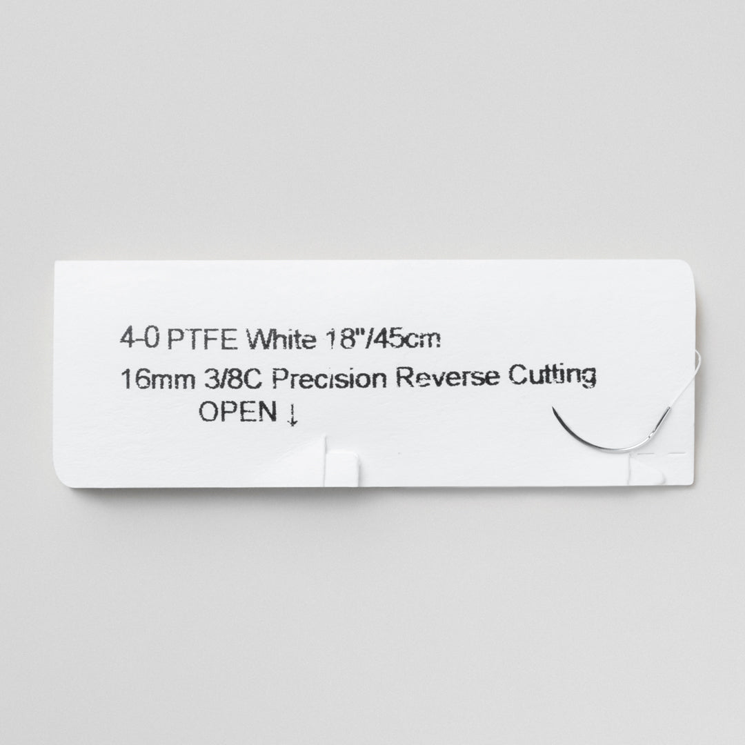 Image displays a box of 4-0 PTFE non-absorbable sutures equipped with a C-22 precision reverse cutting needle, underlining the product reference number 817B. The packaging highlights the sterile and non-cytotoxic nature of the sutures, with a QR code for instant access to detailed product information.