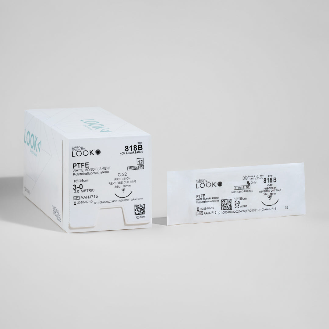 A box of 3-0 PTFE sutures with a C-22 precision reverse cutting needle, model 818B, designed for periodontal procedures, is highlighted. The image showcases the suture's non-absorbable nature and its suitability for dental surgeries, emphasizing the product's sterility and the inclusion of a QR code for quick reference.