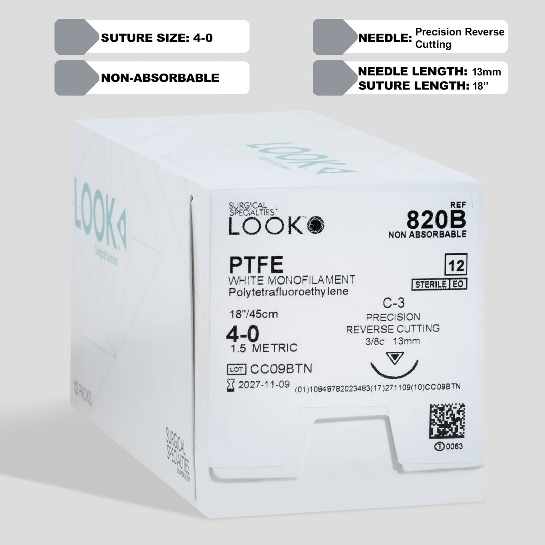 A box of 4-0 PTFE white monofilament sutures paired with a C-3 precision reverse cutting needle, reference number 820B. The packaging displays key information such as suture size, needle type, and sterility assurance with a QR code for detailed product traceability. The image highlights the suture’s suitability for delicate dental procedures, ensuring patient comfort and optimal healing.