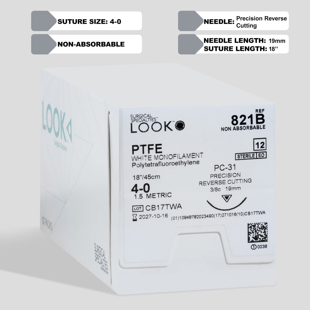 Image showing a box and individual package of 4-0 PTFE white sutures with an 18-inch PC-31 precision reverse cutting needle. The box is labeled with the reference number 821B, indicating the non-absorbable nature of the sutures, and includes a QR code for easy access to detailed product information. The sutures are designed for use in periodontal and dental surgery where prolonged suture support is required.