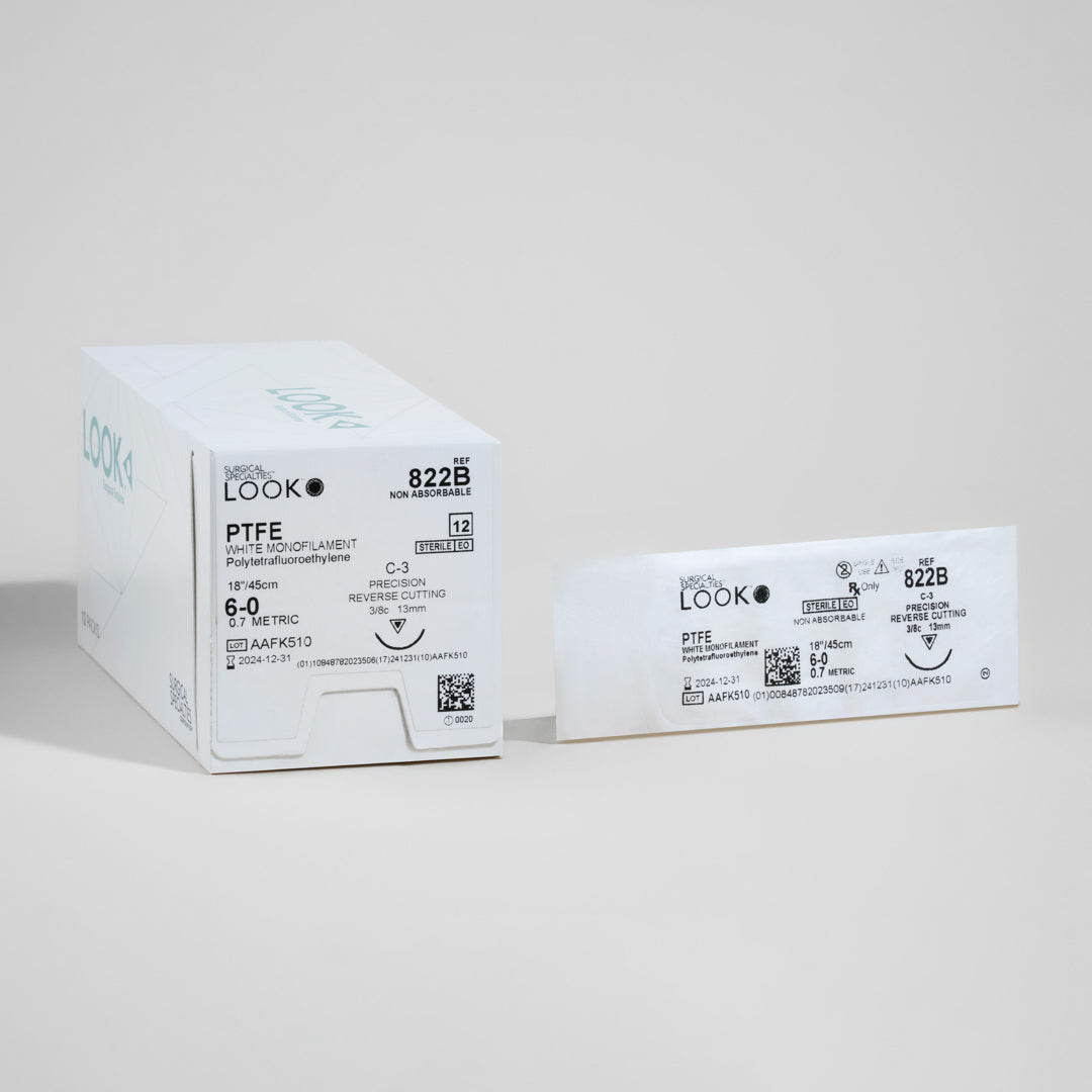 A box and individual pack of 6-0 PTFE white sutures featuring an 18-inch C-3 precision reverse cutting needle, labeled with the product code 822B, denoting the suture's non-absorbable quality. The packaging includes a QR code for instant access to comprehensive product details, ensuring a trusted choice for prolonged tissue support in dental and periodontal surgeries.