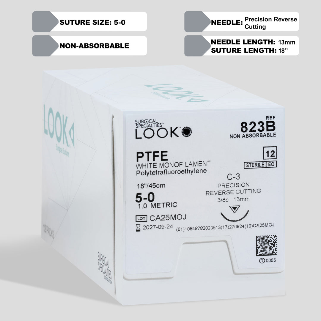 A box of 5-0 PTFE white monofilament sutures equipped with an 18-inch C-3 precision reverse cutting needle. The packaging, marked with reference number 823B, emphasizes the sterile, non-absorbable nature of the sutures and includes a QR code for quick information retrieval. Suitable for specialized surgical procedures requiring minimal tissue reaction and prolonged support.