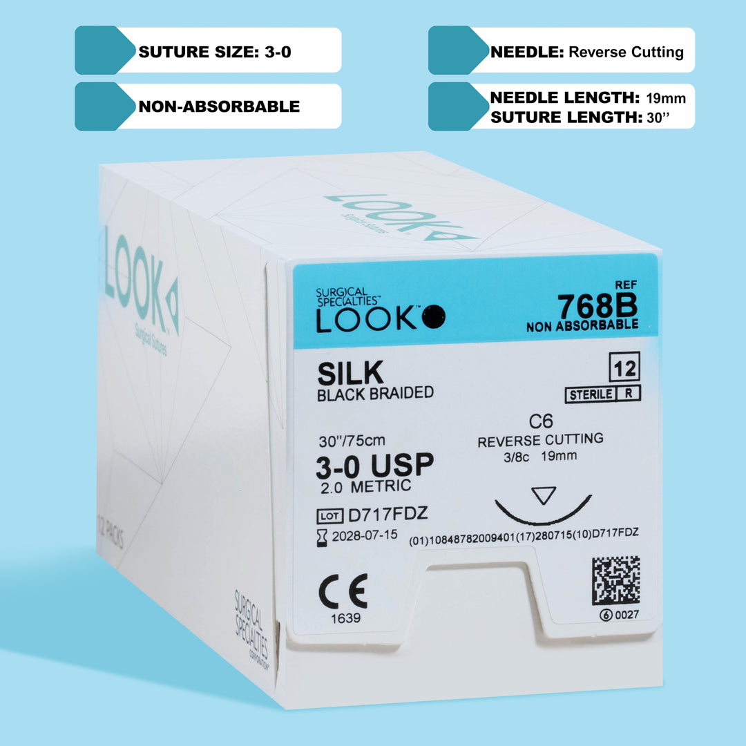 An image showing a box of 3-0 SILK black braided sutures with a 30-inch C-6 reverse cutting needle. The package, displaying reference number 768B, highlights the non-absorbable, black braided silk material and includes a QR code for immediate product details. Ideal for professionals in need of durable sutures for a range of surgical applications.