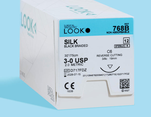3-0 Silk Braided Black Suture, 30" C-6 Needle | 768B — box