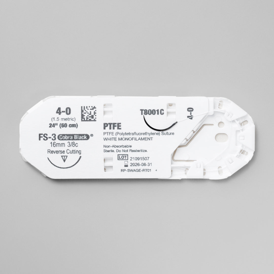 An image showcasing a box of 4-0 PTFE MONOTEX 24" FS-3 Cobra Black sutures. The packaging highlights the suture's specifications, including the unique FS-3 Cobra Black needle and the PTFE white monofilament thread, emphasizing its non-absorbable nature and specialized application in surgical procedures. The box also features the reference number T8001C, underscoring its quality and reliability for professional use.