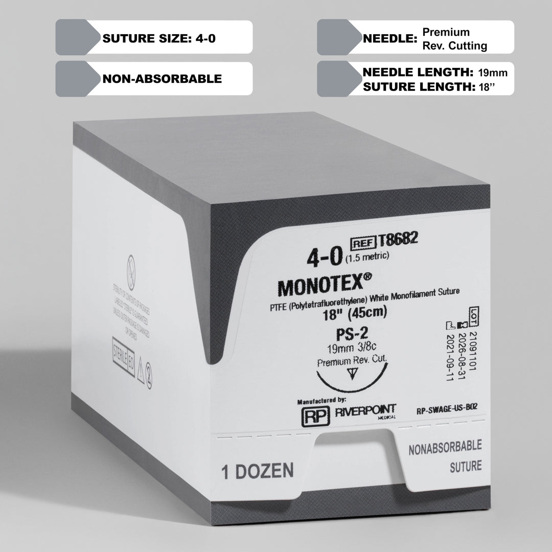 Image displaying a box of 4-0 PTFE MONOTEX 18" PS-2 Premium Reverse Cutting sutures. The packaging is marked with the reference T8682, showcasing the suture's specifications, including size, length, and the innovative PS-2 needle design. This suture is highlighted for its non-absorbable nature, tailored for surgeries requiring long-lasting tissue approximation and minimal tissue response.