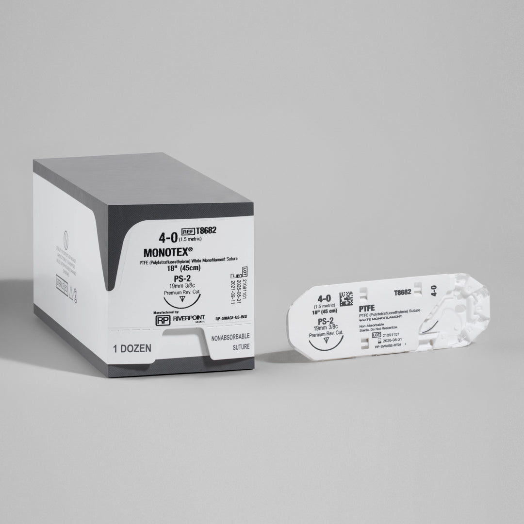 Image displaying a box of 4-0 PTFE MONOTEX 18" PS-2 Premium Reverse Cutting sutures. The packaging is marked with the reference T8682, showcasing the suture's specifications, including size, length, and the innovative PS-2 needle design. This suture is highlighted for its non-absorbable nature, tailored for surgeries requiring long-lasting tissue approximation and minimal tissue response.