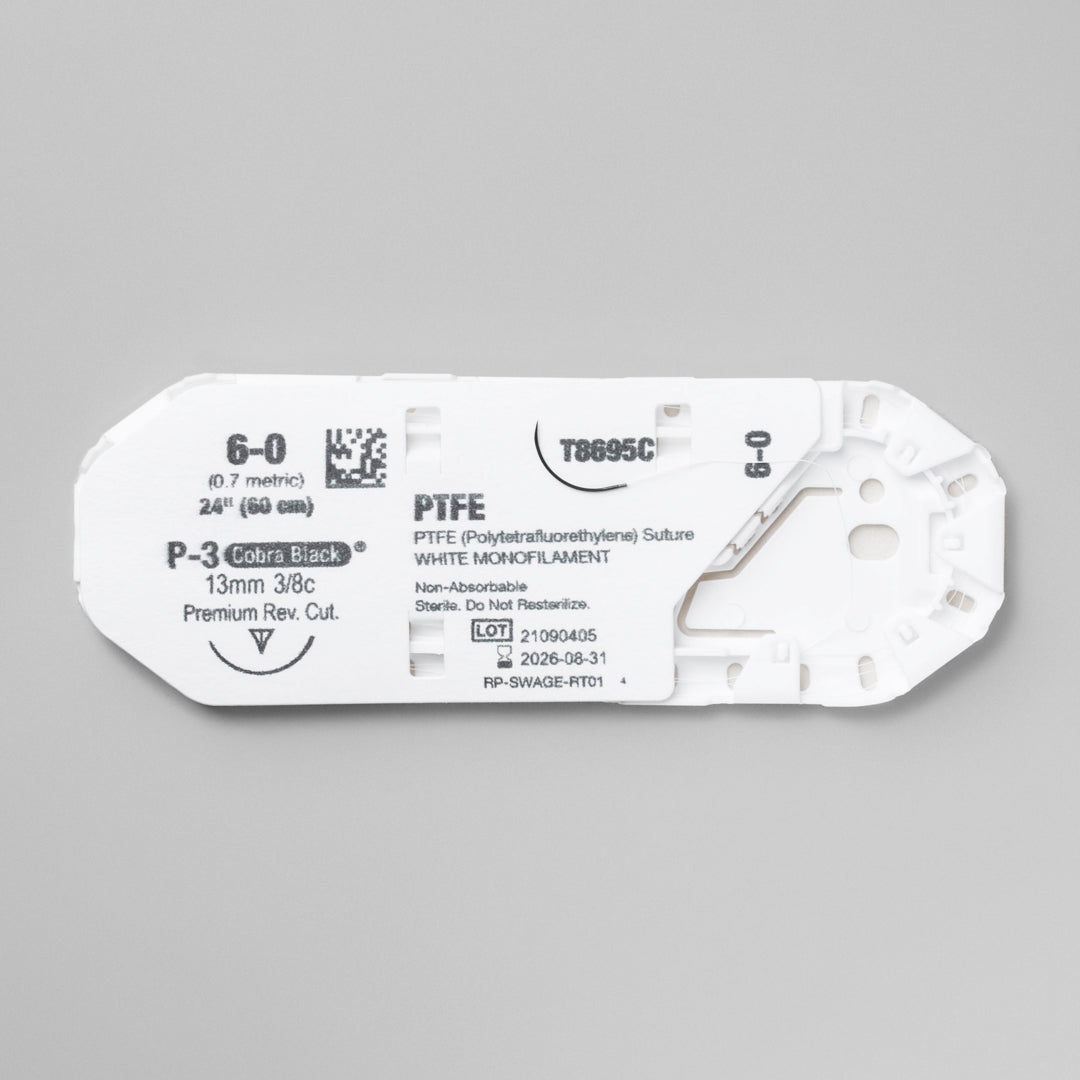 Image showcasing a box of 6-0 MONOTEX 24" P-3 Premium Reverse Cutting sutures. The packaging, labeled with reference T8695C, details the suture's specifications such as its size, length, and the specialized P-3 needle. This suture is emphasized for its non-absorbable nature and is presented as an optimal choice for surgeries demanding precision and durability, with a focus on minimizing tissue reaction.
