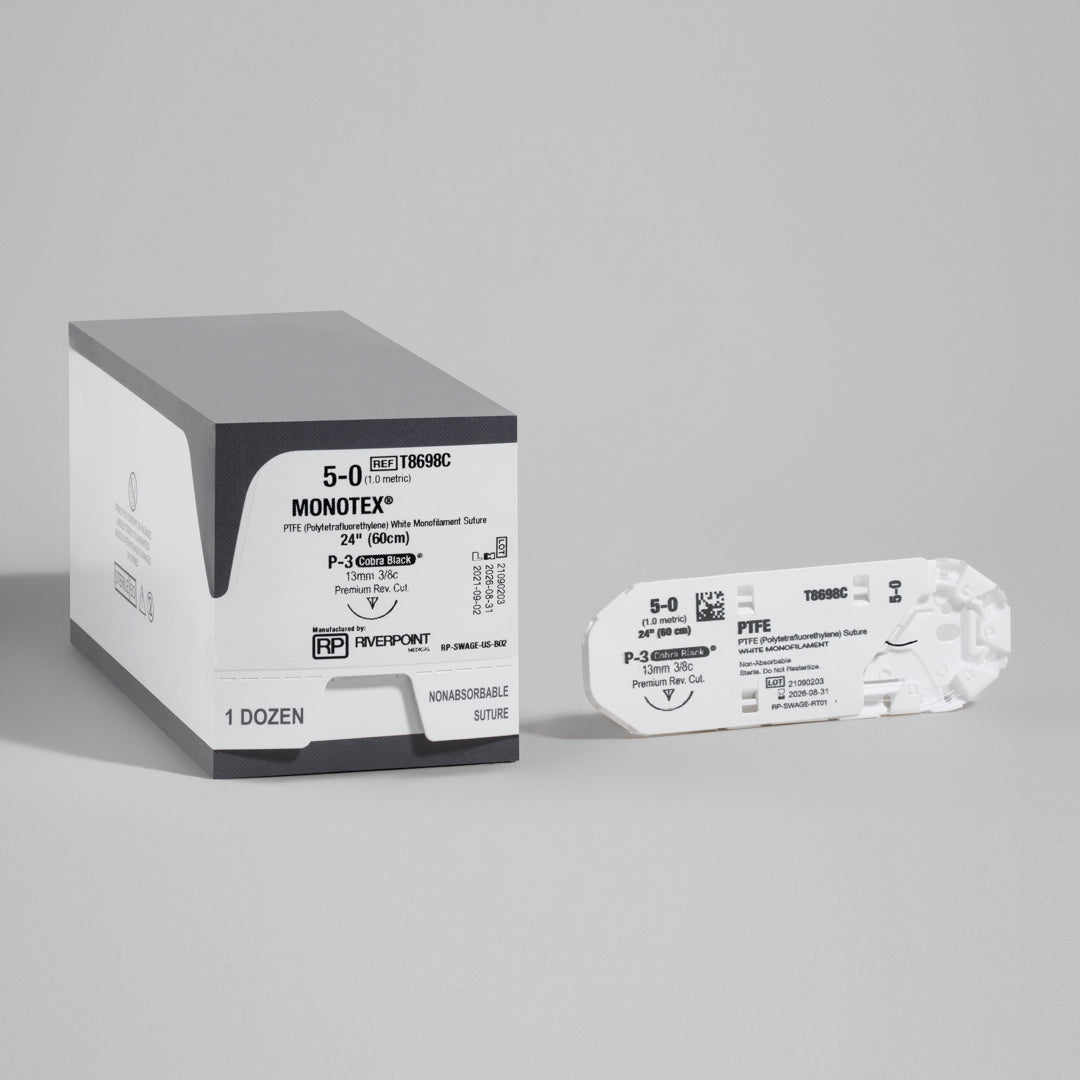 A box of 5-0 MONOTEX with a 24-inch P-3 Cobra Black premium reverse cutting needle, highlighting its PTFE monofilament nature for non-absorbable applications. The packaging indicates the reference T8698C, emphasizing its specific design for dental and implant surgeries, manufactured by RIVERPOINT.
