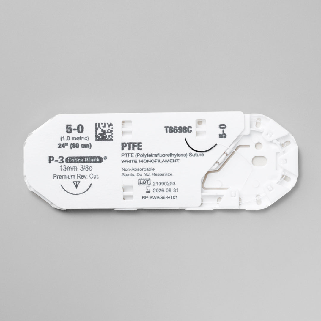 A box of 5-0 MONOTEX with a 24-inch P-3 Cobra Black premium reverse cutting needle, highlighting its PTFE monofilament nature for non-absorbable applications. The packaging indicates the reference T8698C, emphasizing its specific design for dental and implant surgeries, manufactured by RIVERPOINT.