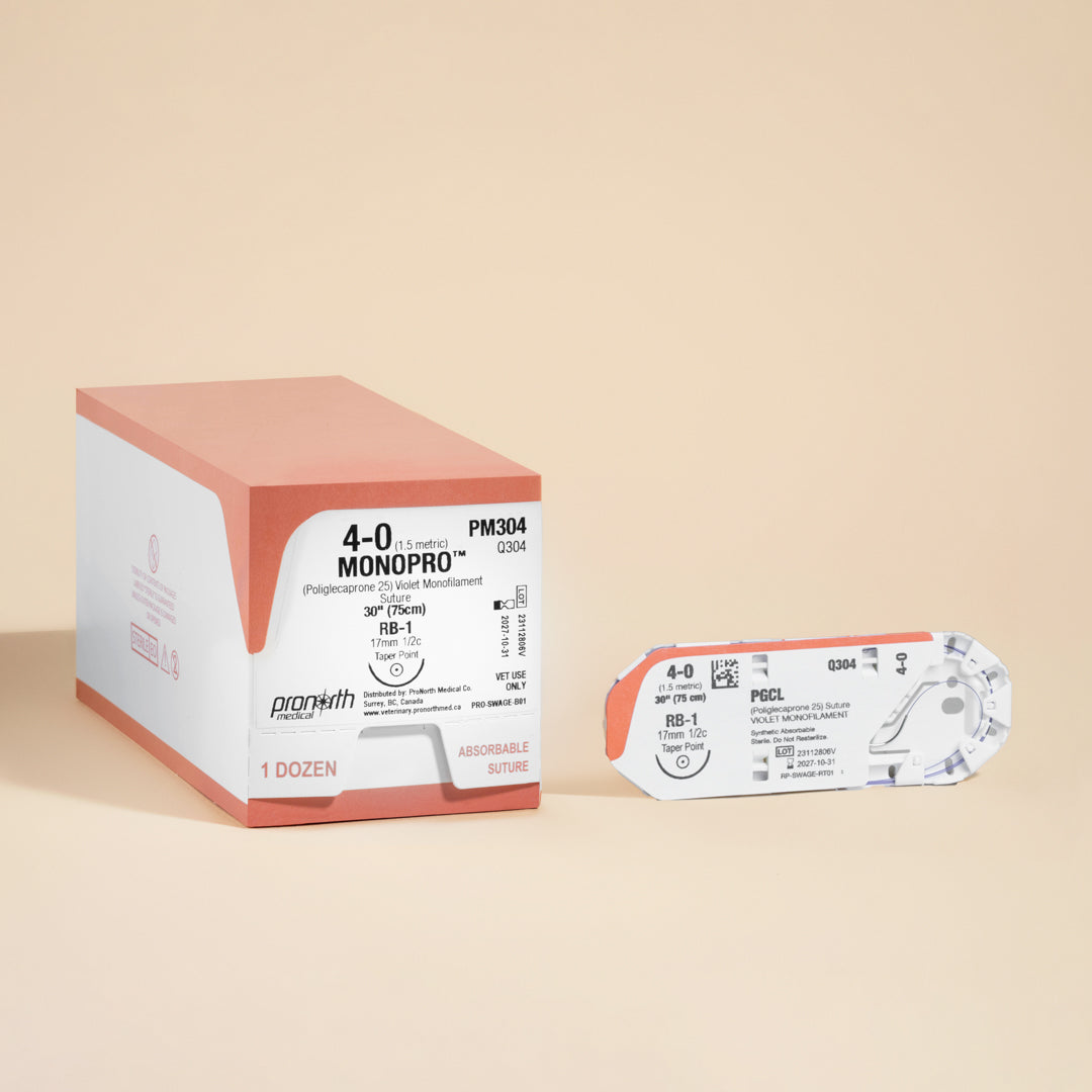 Displaying a box and an individual packet of 4-0 MONOPRO Violet 30" RB-1 Needle sutures. Marked clearly with the PM304 reference, the packaging highlights the suture's features, including size, length, and needle type, emphasizing its absorbable nature and veterinary exclusivity. This presentation underscores the MONOPRO suture line's commitment to delivering top-tier surgical supplies for veterinary care.