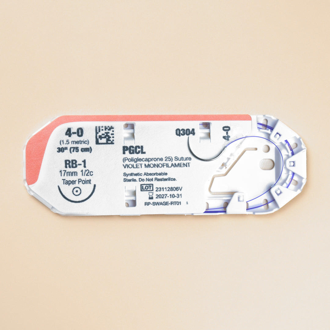 Displaying a box and an individual packet of 4-0 MONOPRO Violet 30" RB-1 Needle sutures. Marked clearly with the PM304 reference, the packaging highlights the suture's features, including size, length, and needle type, emphasizing its absorbable nature and veterinary exclusivity. This presentation underscores the MONOPRO suture line's commitment to delivering top-tier surgical supplies for veterinary care.