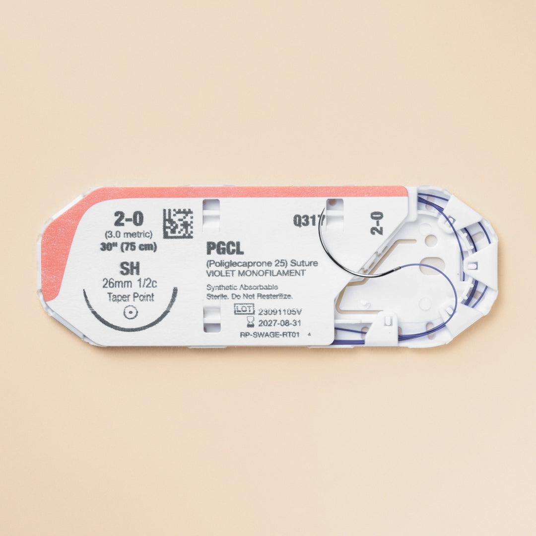 An image displaying a box and individual pack of 2-0 MONOPRO Violet 30" SH Needle sutures, prominently labeled with the product reference PM317. The box details include suture size, length, and needle type, emphasizing the product's suitability for veterinary use. It highlights the suture's absorbable nature and underscores the MONOPRO brand's dedication to providing high-quality suture materials for veterinary surgical needs.