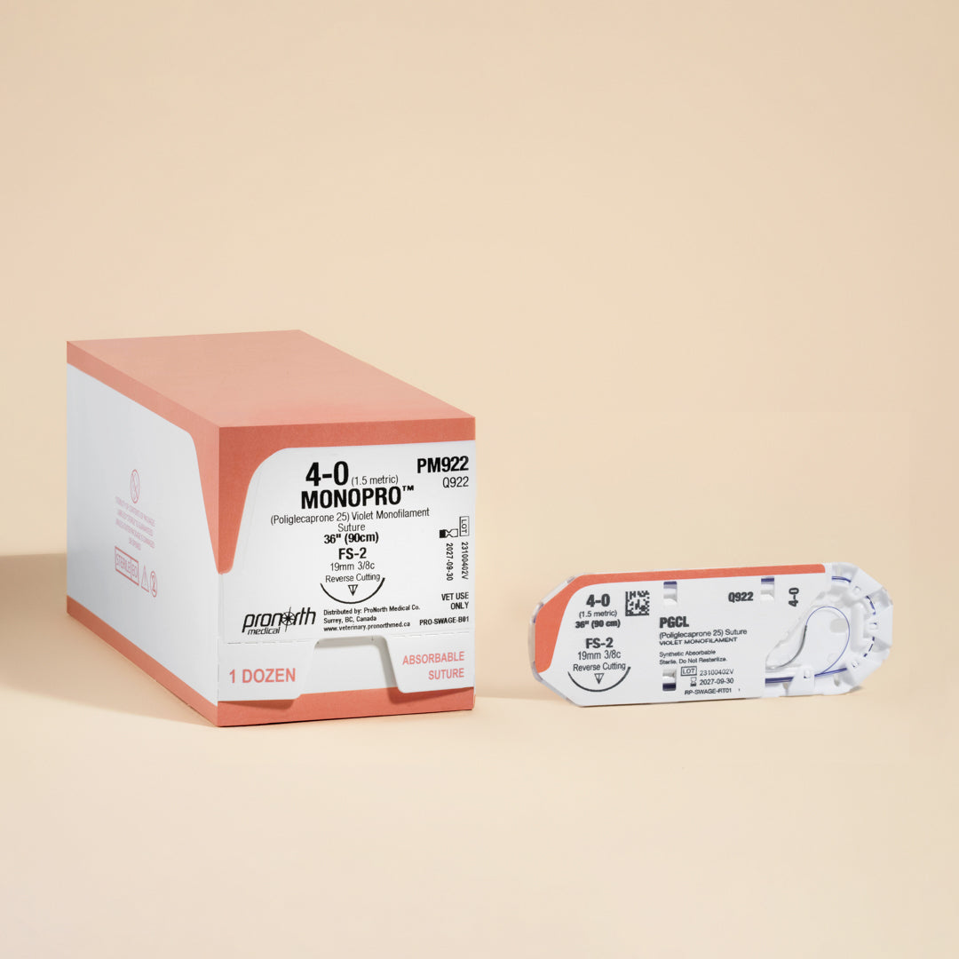 Image showcasing a box and individual packaging of 4-0 MONOPRO Violet 36" FS-2 Needle sutures. The box, marked with the reference PM922, highlights the suture's specifications, emphasizing its absorbable nature and suitability for veterinary use. This suture is presented as an ideal option for surgeries needing high-quality, reliable suturing material for effective wound management.