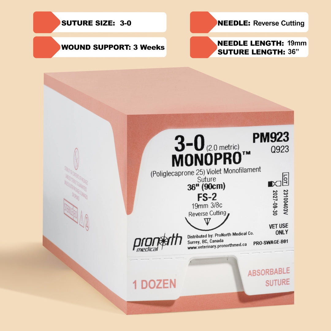 Displaying a box and an individual pack of 3-0 MONOPRO Violet 36" FS-2 Needle sutures, labeled with the reference PM923. The packaging highlights the suture's key specifications and its absorbable nature, making it clear that it is designed exclusively for veterinary applications. The image underscores MONOPRO's commitment to providing high-quality suture materials for surgical procedures requiring precision, durability, and minimal tissue reaction.