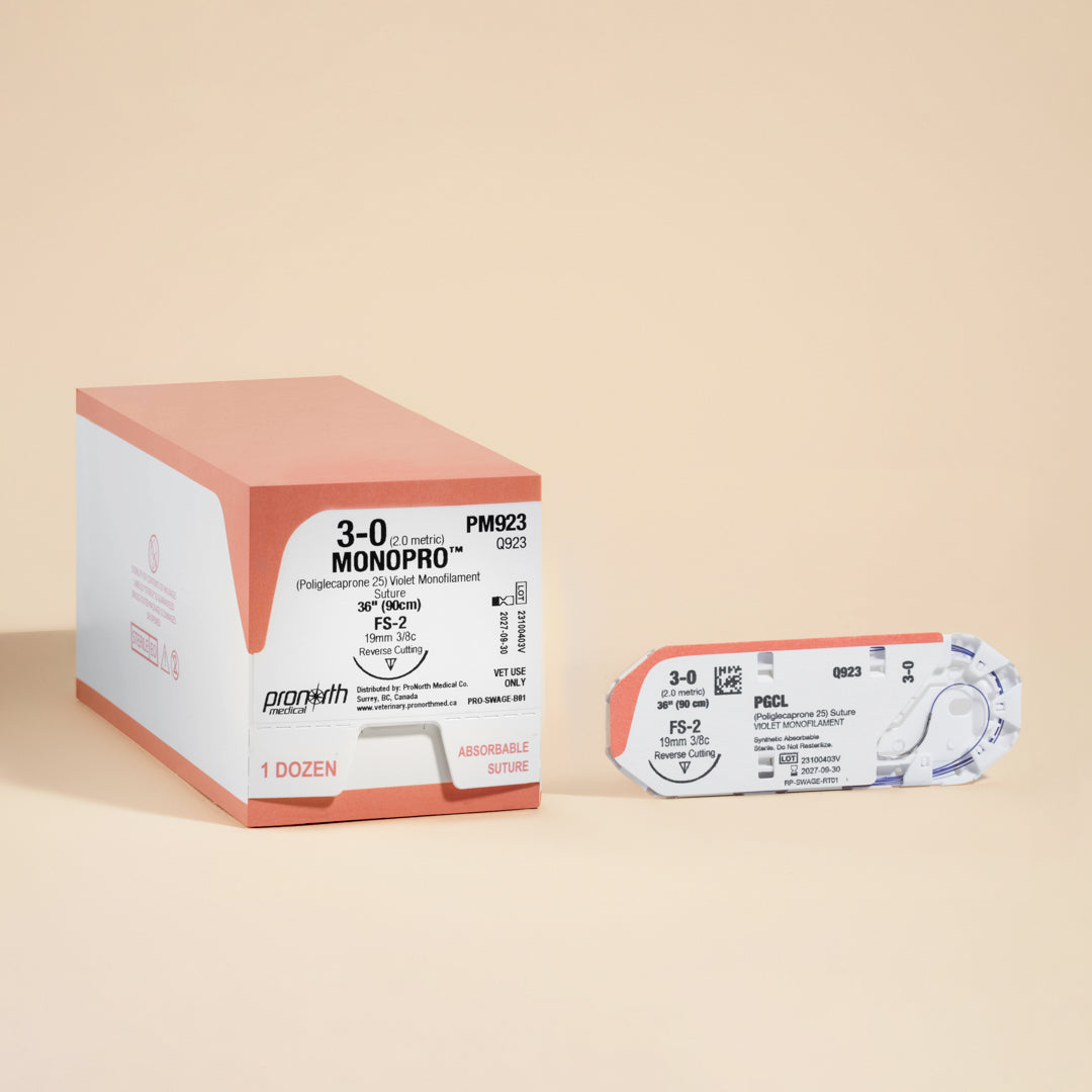Displaying a box and an individual pack of 3-0 MONOPRO Violet 36" FS-2 Needle sutures, labeled with the reference PM923. The packaging highlights the suture's key specifications and its absorbable nature, making it clear that it is designed exclusively for veterinary applications. The image underscores MONOPRO's commitment to providing high-quality suture materials for surgical procedures requiring precision, durability, and minimal tissue reaction.