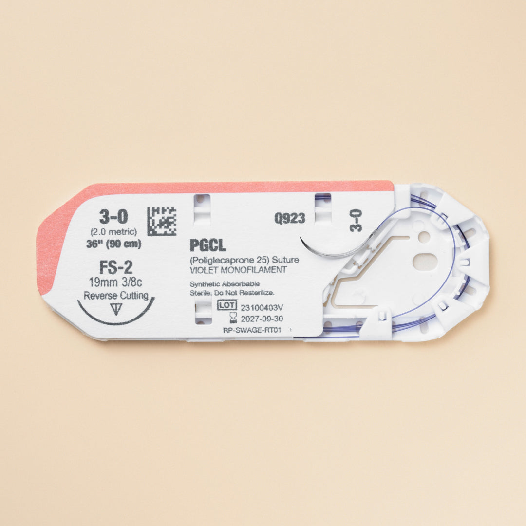 Displaying a box and an individual pack of 3-0 MONOPRO Violet 36" FS-2 Needle sutures, labeled with the reference PM923. The packaging highlights the suture's key specifications and its absorbable nature, making it clear that it is designed exclusively for veterinary applications. The image underscores MONOPRO's commitment to providing high-quality suture materials for surgical procedures requiring precision, durability, and minimal tissue reaction.