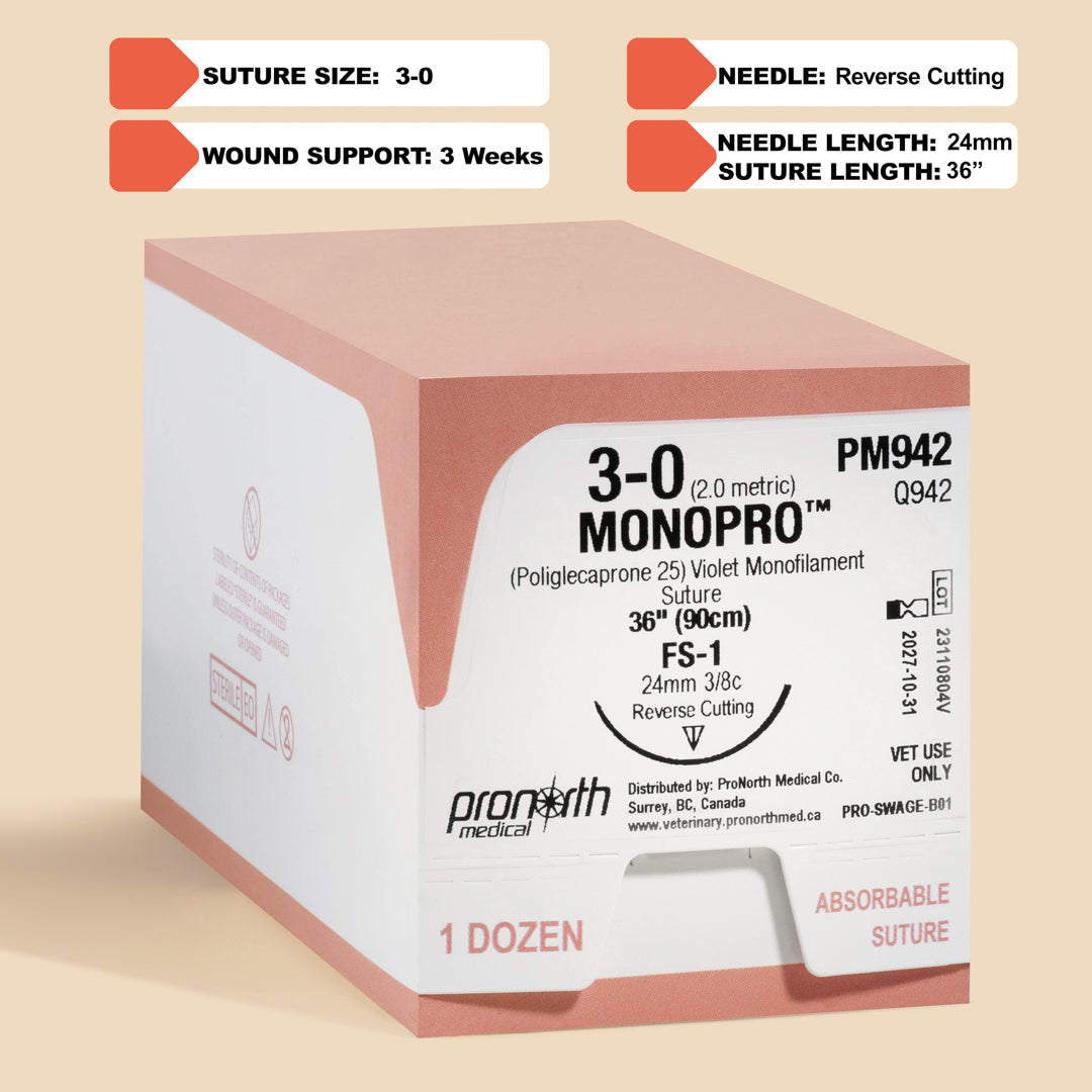 Showcasing a box and an individual pack of 3-0 MONOPRO Violet 36" FS-1 Needle sutures. The box, clearly marked with the product reference PM942, details the suture’s specifications, emphasizing its absorbable nature and designed use in veterinary medicine. This packaging is tailored to highlight MONOPRO’s advantages for surgical procedures that demand high-quality, reliable suturing materials.