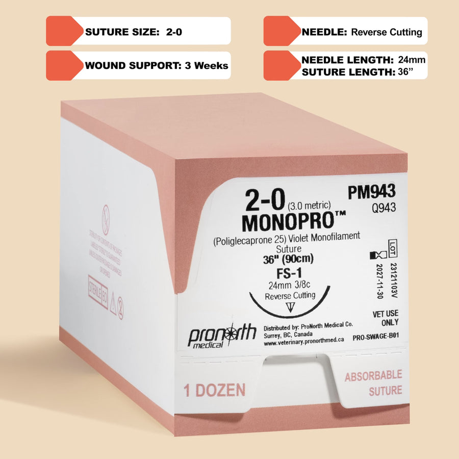 Suture MONOPRO Violet 2-0, aiguille FS-1 90 cm | PM943