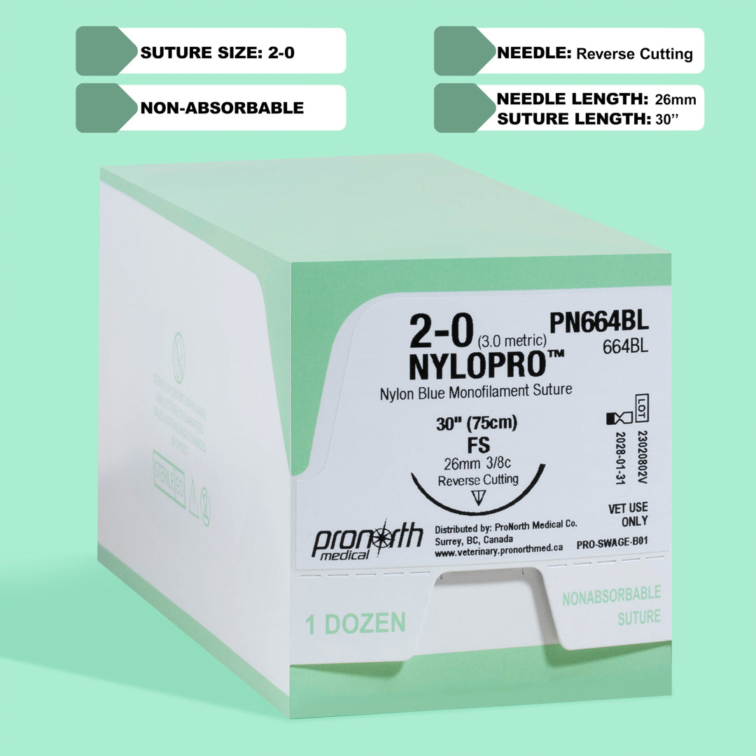 A box of 2-0 NYLOPRO with a 30-inch FS reverse cutting needle, showcasing the blue nylon monofilament suture for non-absorbable applications. The packaging, labeled with reference PN664BL, highlights its design for veterinary use, underlining ProNorth Medical's commitment to providing high-quality surgical sutures.