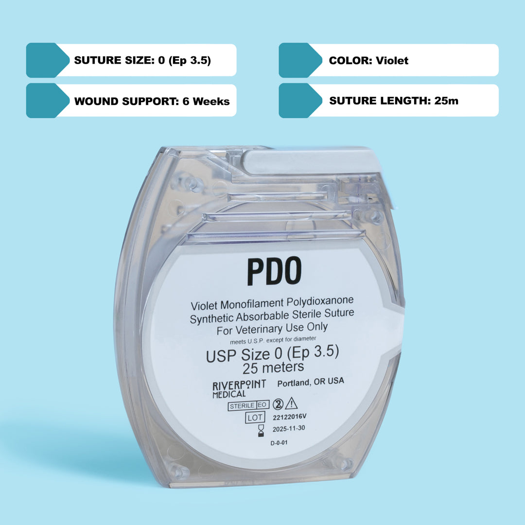 A clear package of PDO suture size 0 (Ep 3.5), showing a 25m violet monofilament thread made of polydioxanone for veterinary use. The label emphasizes its absorbable nature, extended wound support of 6 weeks, and compliance with USP &amp; EP standards. Manufactured by RIVERPOINT in Portland, OR, USA, highlighting its premium quality and suitability for various surgical applications.