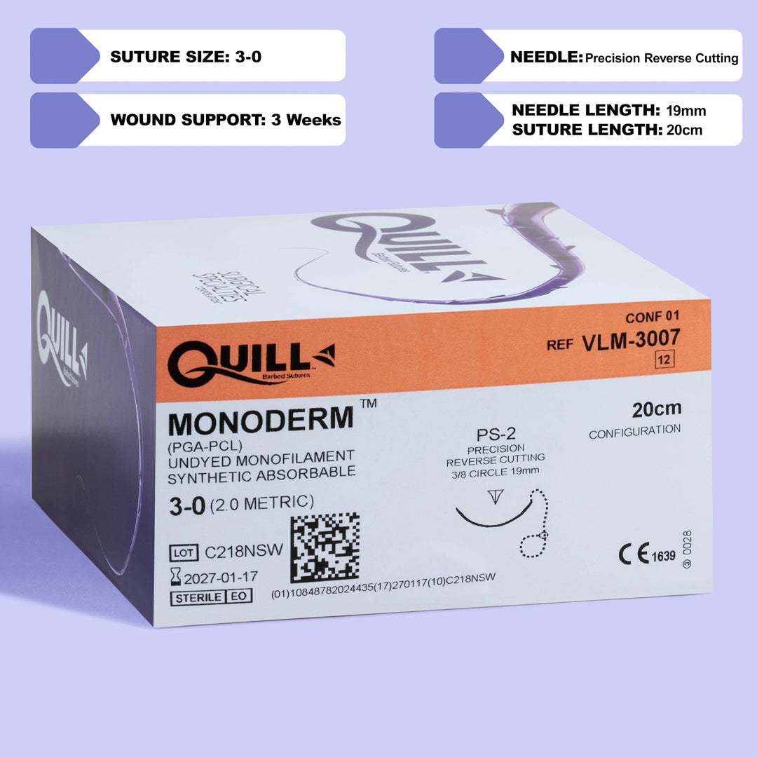 Image of the Quill Monoderm VLM-3007 suture box, prominently displaying its 3-0 suture size and 20cm length. The box, with a distinctive orange and purple color scheme, indicates the material as PGA-PCL undyed monofilament and the needle as PS-2 precision reverse cutting, 19mm in length. Information about the suture's 3-week wound support and Ethylene Oxide sterilization is also visible. The packaging includes a QR code, lot number, and regulatory markings for medical use.