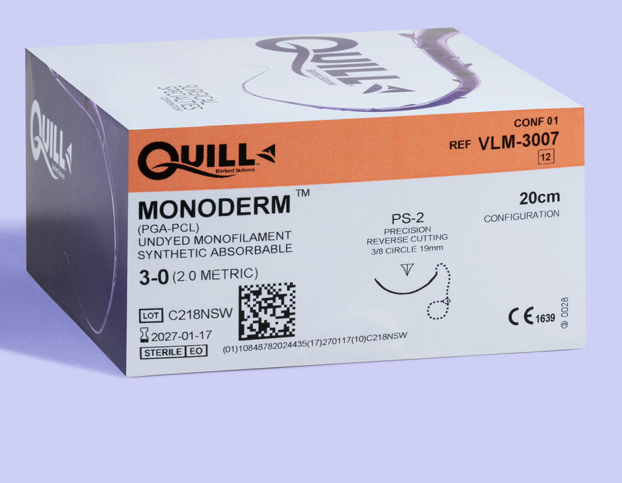 3-0 Monoderm Barbed Undyed Suture, 20cm PS-2 Needle | VLM-3007