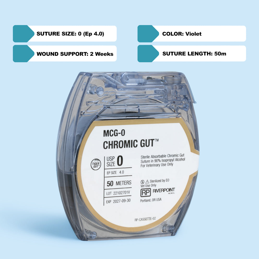 Image of RIVERPOINT's MCG-0 Chromic Gut suture in a clear, round cassette, showcasing a 50-meter length of violet-colored suture. The label indicates size 0, sterilization by gamma irradiation, and key features like superior knot security and smooth surface. The packaging is designed for veterinary use, highlighting the suture's optimized collagen purity and chromium salt treatment for predictable strength and absorption.