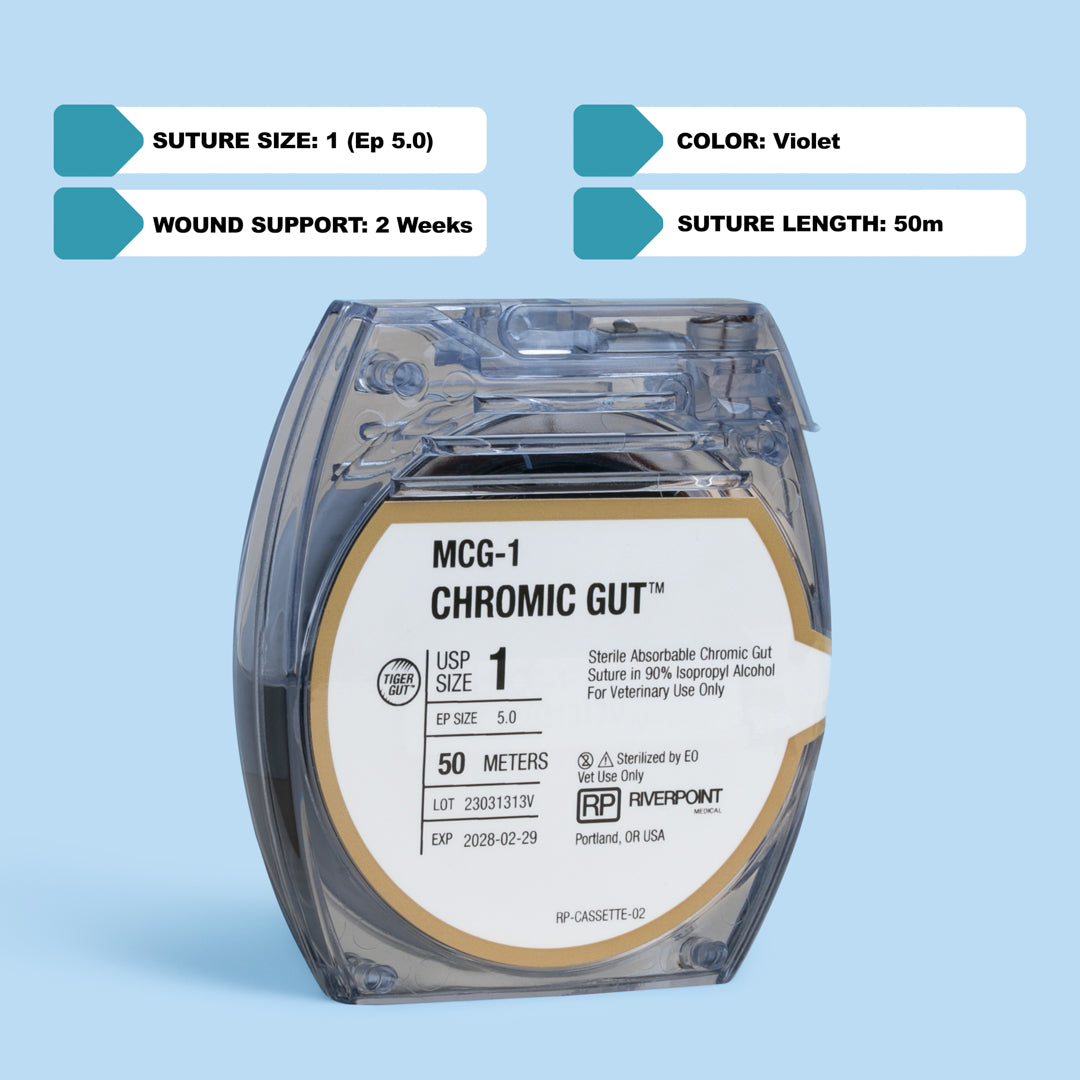 Close-up of the RIVERPOINT MCG-1 Chromic Gut suture cassette, showing a 50-meter violet suture coil, size 1 (Ep 5.0), designed for veterinary surgical use. The label details gamma irradiation sterilization, wound support for 2 weeks, and ethylene oxide (EO) sterilization method. Manufactured by RIVERPOINT in Portland, OR, USA, highlighting its suitability for various surgical applications with a focus on safety, performance, and ease of use.