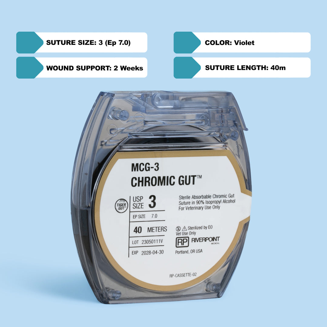 Image of RIVERPOINT MCG-3 Chromic Gut suture cassette, showcasing a 40-meter violet suture coil, size 3 (Ep 7.0), for veterinary surgical use. The label indicates gamma irradiation sterilization, a two-week wound support duration, and ethylene oxide (EO) sterilization method. The product, marked for its high-quality chromic gut material, promises reliable performance and ease of use in a variety of surgical applications.