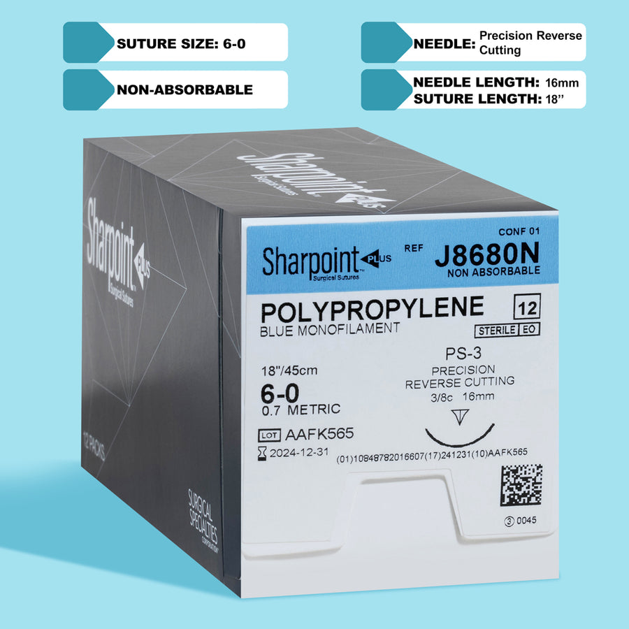 Fil de suture bleu en polypropylène 6-0, aiguille PS-3 de 45 cm | J8680N