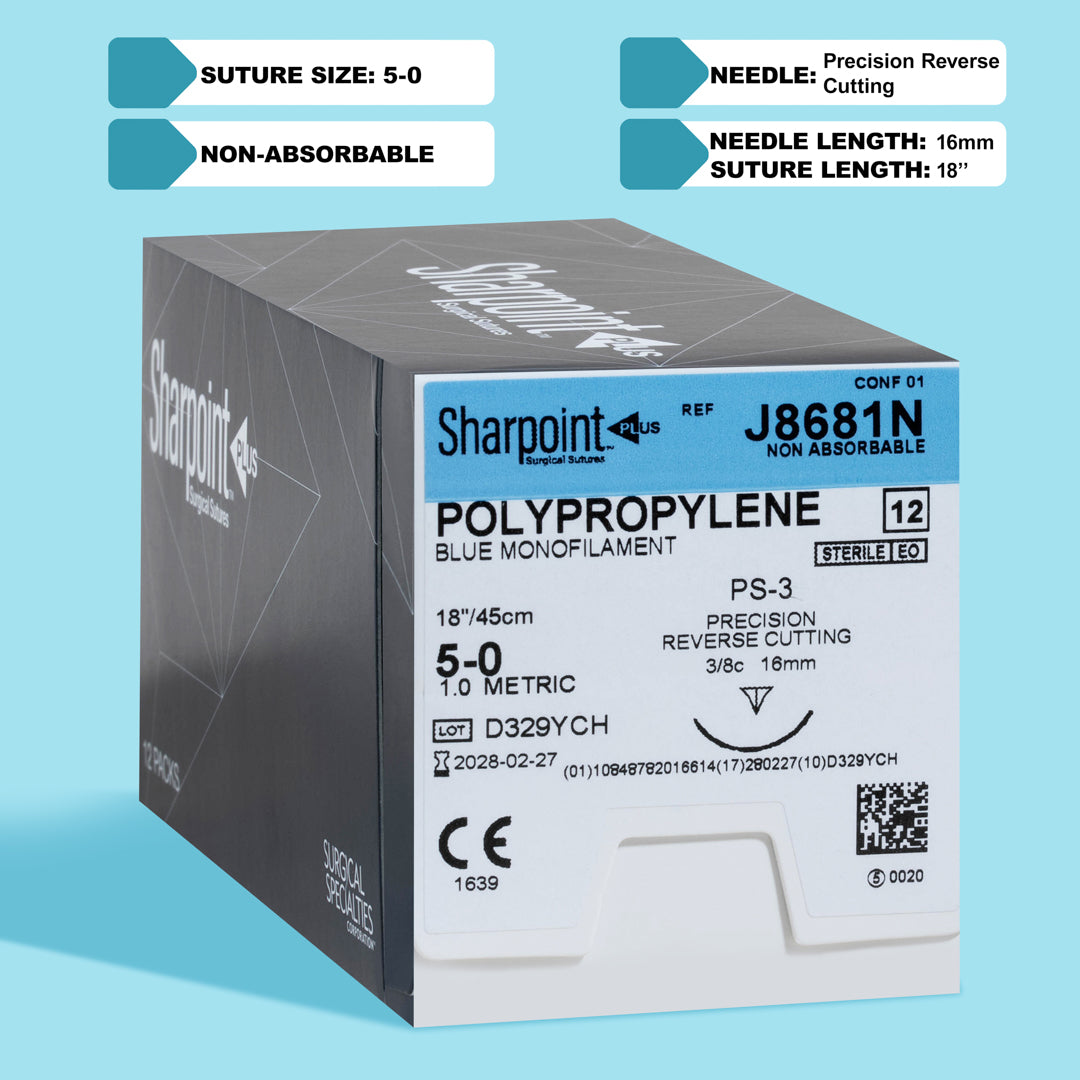 Sharpoint 5-0 polypropylene suture pack, model J8681N, showcasing its blue monofilament thread and the PS-3 precision reverse cutting needle. The suture, measuring 18 inches, is packaged for sterility with Ethylene Oxide (EO) and designed for non-absorbable applications, emphasizing its suitability for delicate surgical procedures where long-lasting support and minimal tissue reaction are paramount.&nbsp;